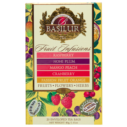Front pudełka Basilur Fruit Infusions Vol. III z listą smaków i owocową grafiką.