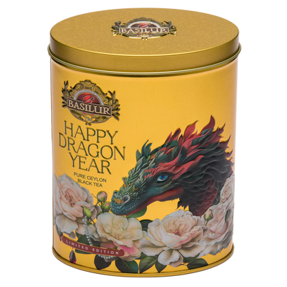 Ekskluzywne opakowanie Basilur Happy Dragon Year Gold z czarną herbatą Ceylon.