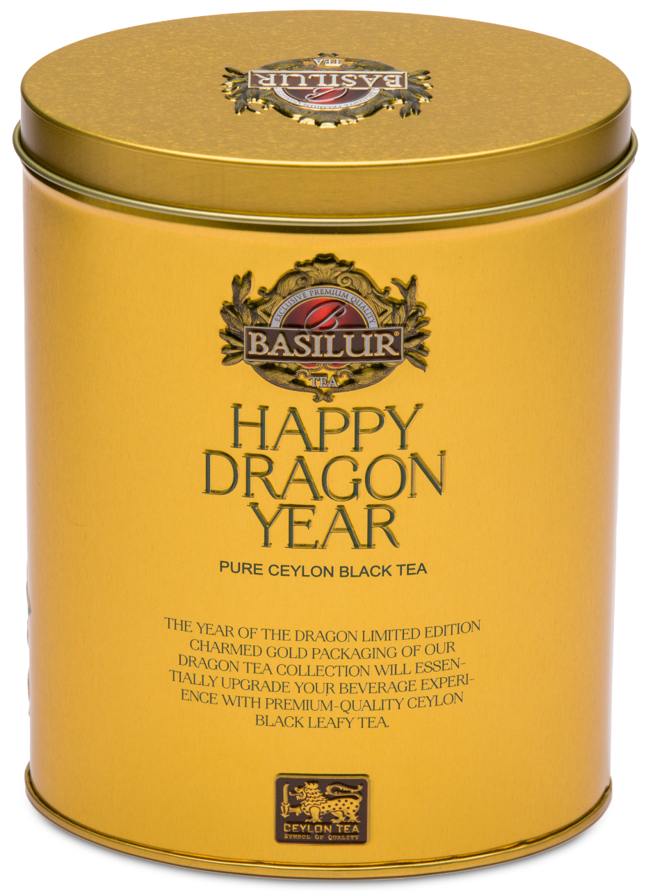 Herbata Basilur Happy Dragon Year z wizerunkiem smoka i kwiatami na złotym tle.