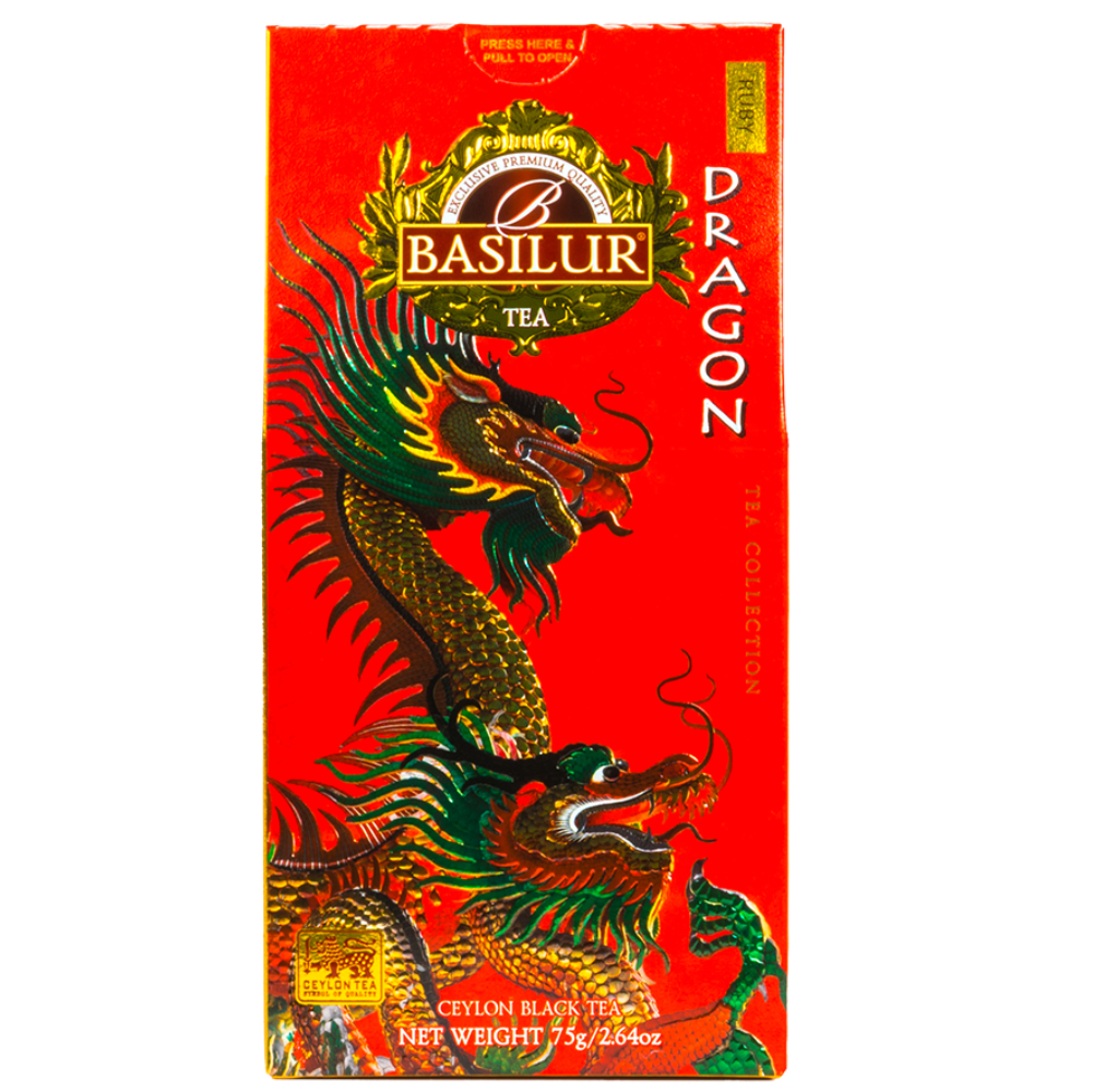 Herbata Basilur Dragon Ruby w czerwonym opakowaniu z motywem smoka, czarna herbata cejlońska.