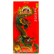 Herbata Basilur Dragon Ruby w czerwonym opakowaniu z motywem smoka, czarna herbata cejlońska.