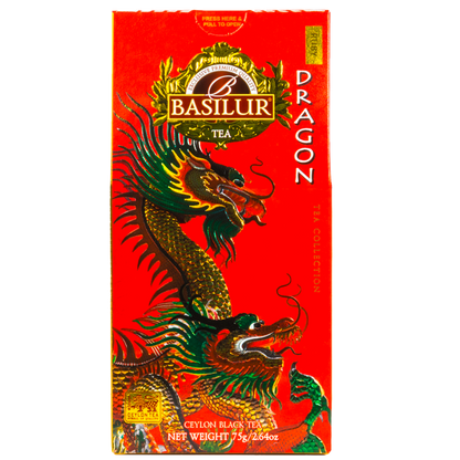 Herbata Basilur Dragon Ruby w czerwonym opakowaniu z motywem smoka, czarna herbata cejlońska.