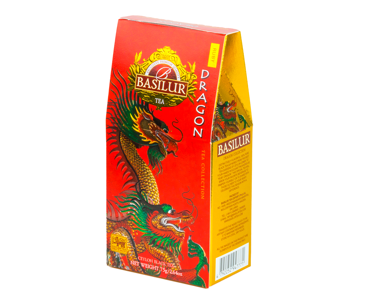 Pudełko Basilur Dragon Ruby z motywem smoka, herbata cejlońska o intensywnym smaku.