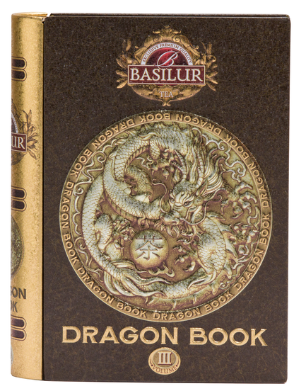 Opakowanie Basilur Dragon Book vol. III z motywem złotego smoka.