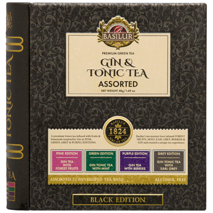 Front zestawu Basilur Gin & Tonic Tea z opisem czterech edycji smakowych.