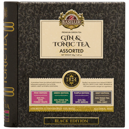 Front zestawu Basilur Gin & Tonic Tea z opisem czterech edycji smakowych.