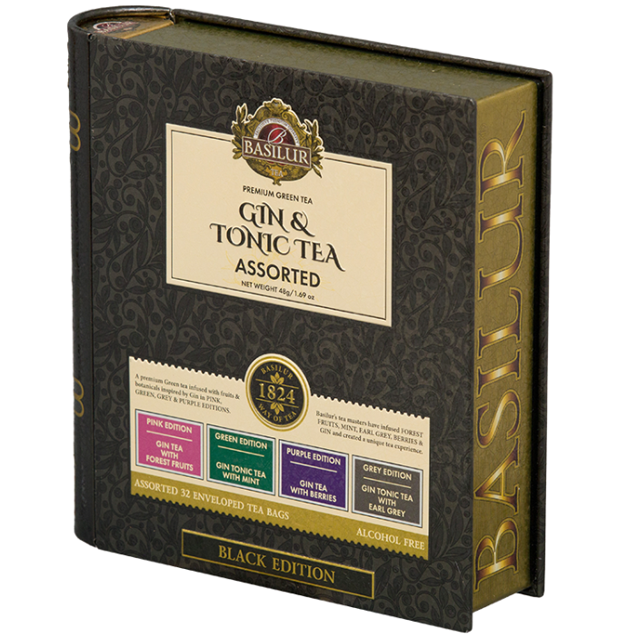 Bok opakowania Basilur Gin & Tonic Tea z eleganckim tłoczeniem i złotym logo.