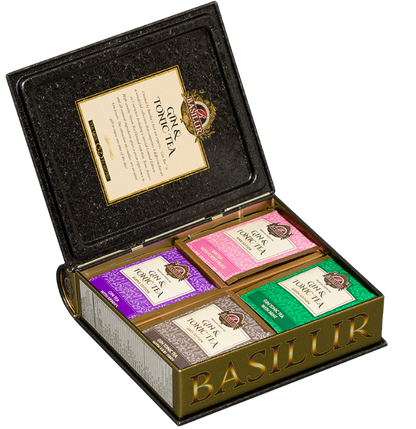 Zestaw Basilur Gin & Tonic Tea otwarty, prezentujący cztery różne smaki.