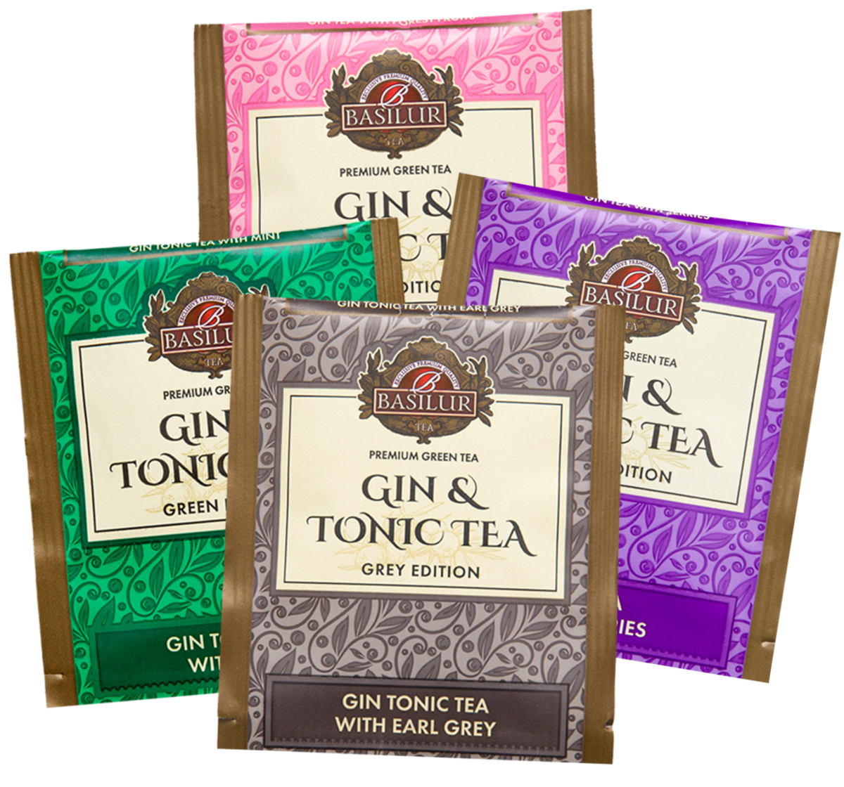 Saszetki herbat Basilur Gin & Tonic Tea w różnych kolorach – Pink, Green, Purple i Grey.