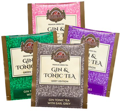 Saszetki herbat Basilur Gin & Tonic Tea w różnych kolorach – Pink, Green, Purple i Grey.