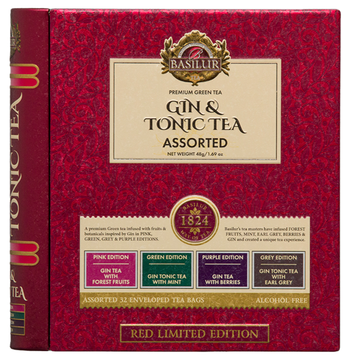 Przód opakowania Basilur Gin & Tonic Tea z opisem smaków i logo marki.
