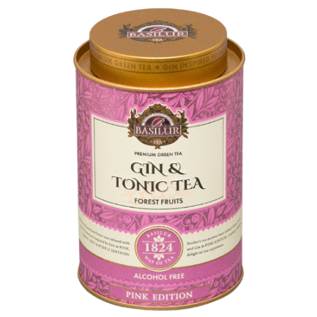 Opakowanie Basilur Gin & Tonic Tea Forest Fruits widoczne z góry z eleganckim złotym wieczkiem.