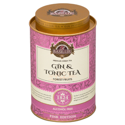 Opakowanie Basilur Gin & Tonic Tea Forest Fruits widoczne z góry z eleganckim złotym wieczkiem.
