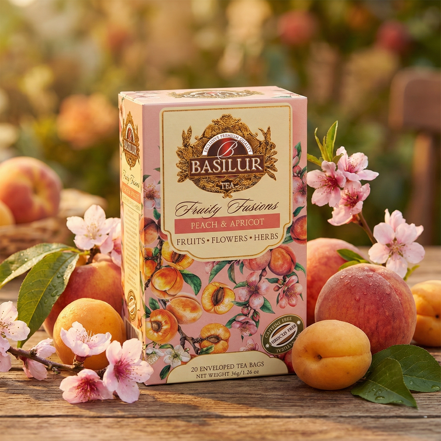 Opakowanie herbaty Basilur Peach & Apricot z owocami brzoskwini, morelami i kwiatami na drewnianym stole w ogrodowej scenerii