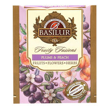 Koperta herbaty Basilur Plums & Peach z ilustracjami owoców.