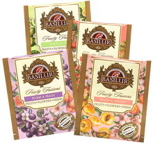 Koperty herbat Basilur Fruity Fusions w czterech smakach: Lemon & Lime, Strawberry & Kiwi, Plums & Peach, Peach & Apricot.