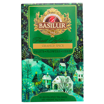 Przód pudełka Basilur Orange Spice z motywem świątecznej wioski i złotym logo Basilur.