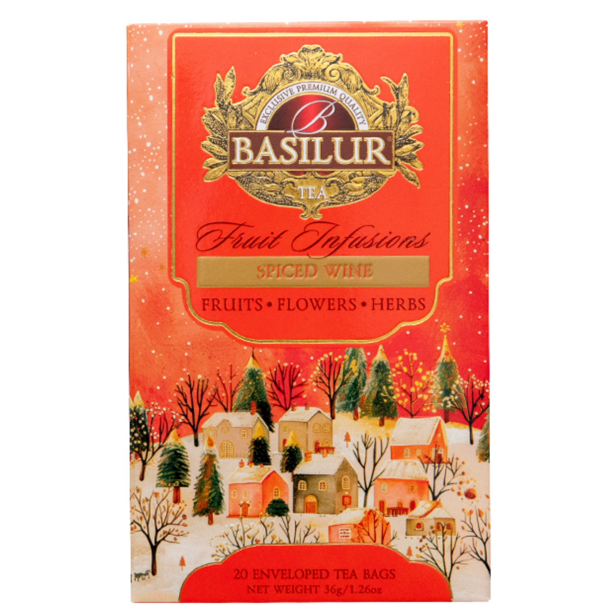 Front pudełka Basilur Spiced Wine – zimowa herbata owocowo-ziołowa o korzennym aromacie.