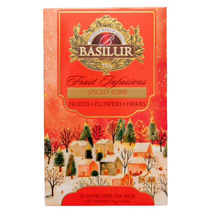 Front pudełka Basilur Spiced Wine – zimowa herbata owocowo-ziołowa o korzennym aromacie.