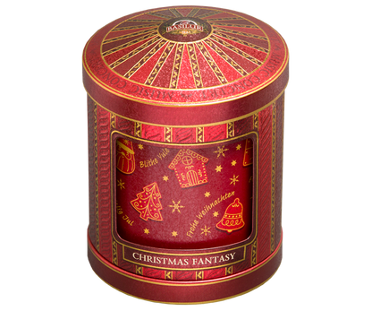 Herbata Basilur Christmas Fantasy w eleganckiej czerwonej puszce, widok z góry.