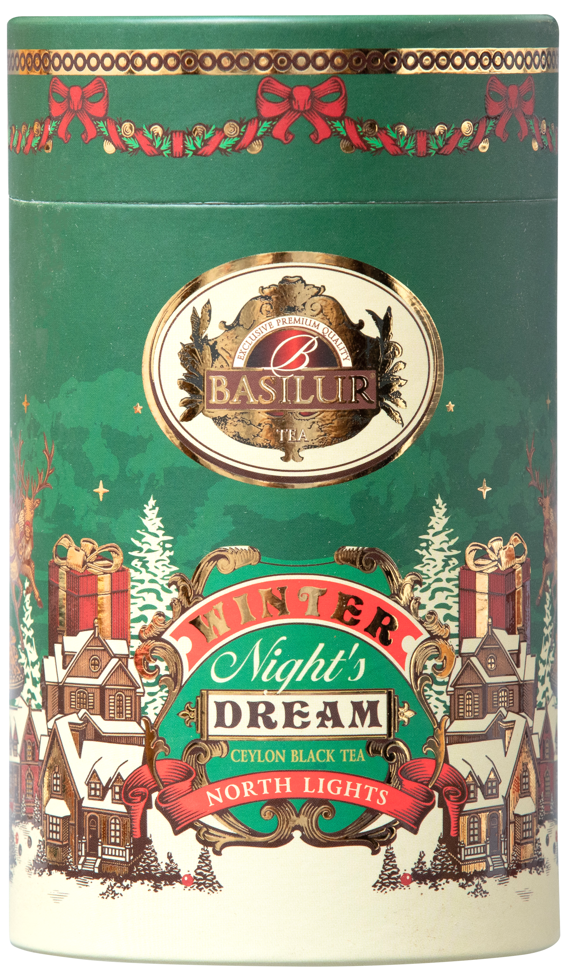 Herbata Basilur North Lights w zielonej ozdobnej tubie – czarna herbata cejlońska.