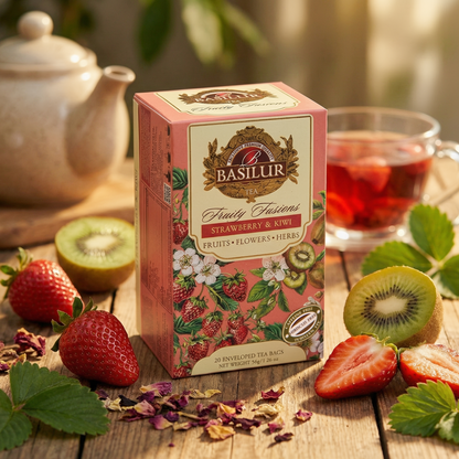 Opakowanie herbaty Basilur Strawberry & Kiwi z kolekcji Fruity Fusions, otoczone świeżymi truskawkami, kiwi i filiżanką herbaty