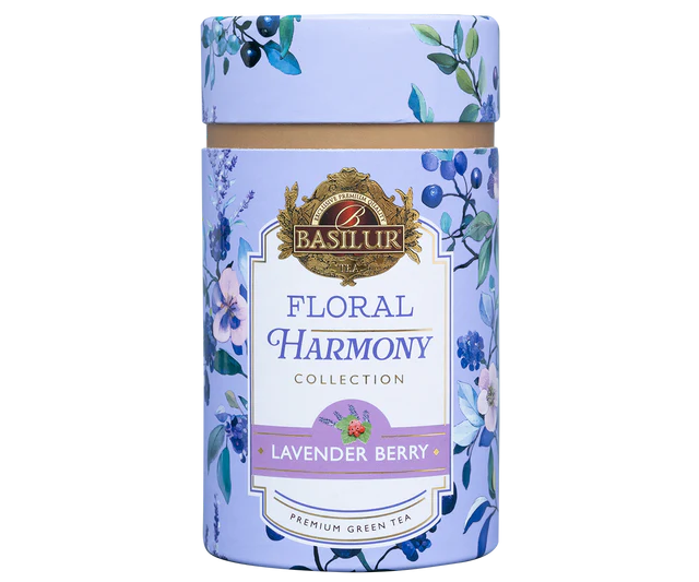 Herbata Basilur Lavender Berry w ozdobnej fioletowej tubie z motywem kwiatów i jagód.