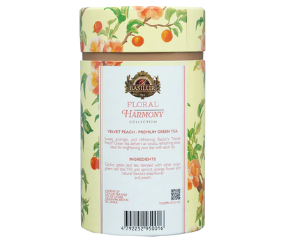 Tył opakowania Basilur Velvet Peach z opisem i składem herbaty.