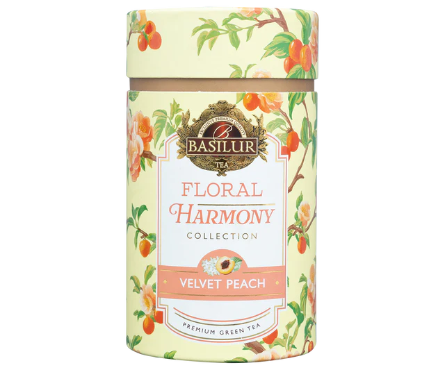 Elegancka tuba Basilur Velvet Peach – zielona herbata o owocowym aromacie.