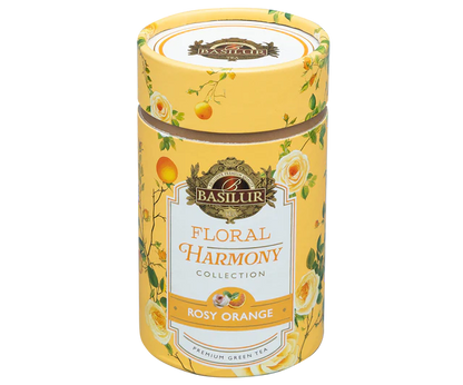 Zbliżenie opakowania Basilur Rosy Orange premium zielona herbata o kwiatowo cytrusowym aromacie

