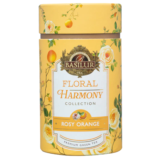 Widok tuby Basilur Rosy Orange zielona herbata z kwiatami i naturalnym aromatem