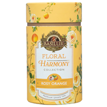 Widok tuby Basilur Rosy Orange zielona herbata z kwiatami i naturalnym aromatem