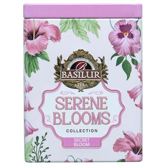 Puszka Basilur Secret Bloom w pastelowej oprawie z kwiatowym motywem prezentowana od przodu.
