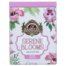 Puszka Basilur Secret Bloom w pastelowej oprawie z kwiatowym motywem prezentowana od przodu.
