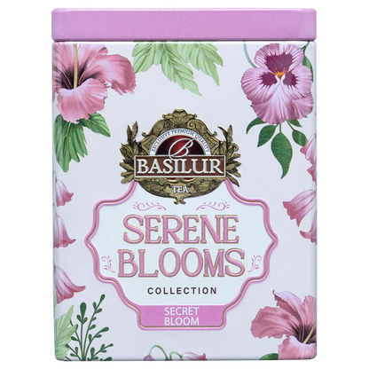 Puszka Basilur Secret Bloom w pastelowej oprawie z kwiatowym motywem prezentowana od przodu.
