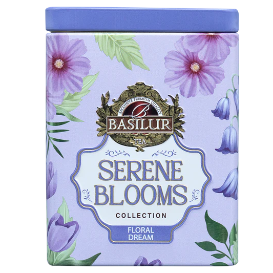 Puszka herbaty Basilur Floral Dream w fioletowej oprawie z kwiatami
