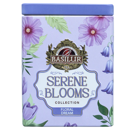 Puszka herbaty Basilur Floral Dream w fioletowej oprawie z kwiatami
