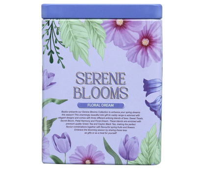 Tylna strona puszki Basilur Floral Dream z opisem kolekcji Serene Blooms i grafiką
