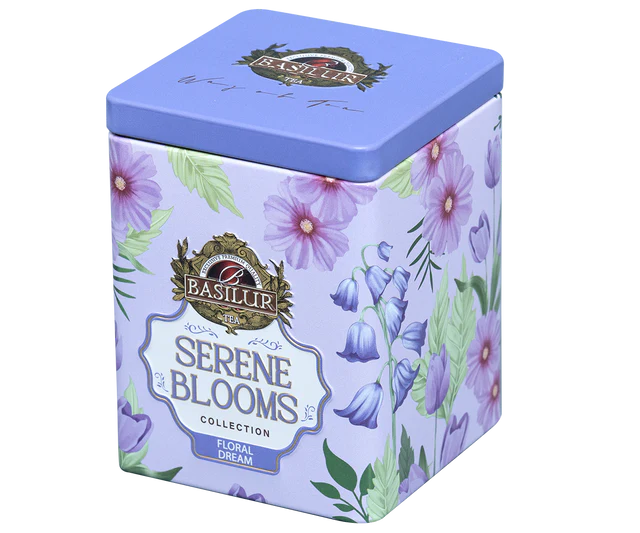 Elegancka puszka Basilur Floral Dream z pastelowymi kwiatami na całej powierzchni
