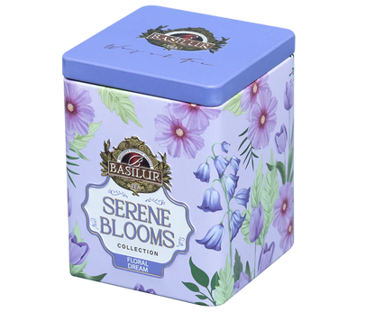 Elegancka puszka Basilur Floral Dream z pastelowymi kwiatami na całej powierzchni

