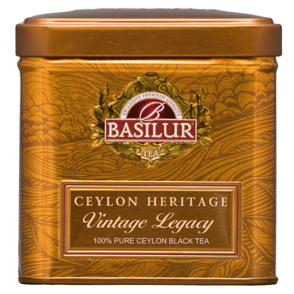 Herbata czarna Basilur Vintage Legacy 50 g, front ozdobnej złotej puszki
