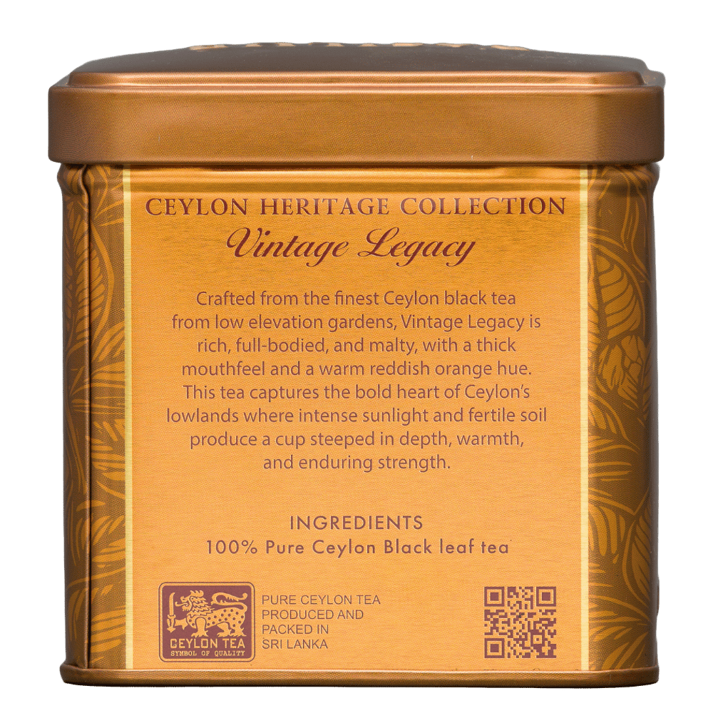 Basilur Vintage Legacy 50 g, tylna etykieta puszki ze składem 100% czarnej herbaty cejlońskiej
