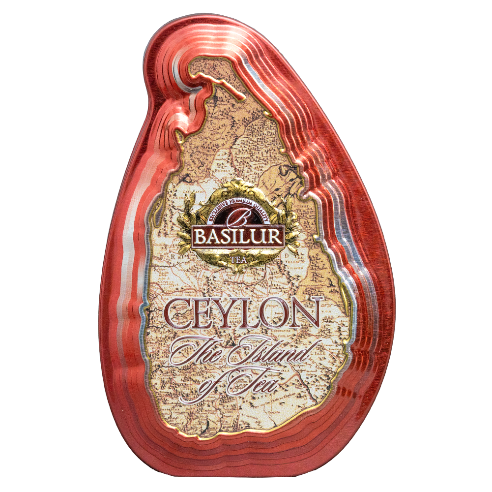 Herbata czarna Basilur Imperial Ceylon w czerwonej metalowej puszce w kształcie Sri Lanki