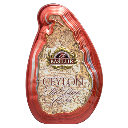 Herbata czarna Basilur Imperial Ceylon w czerwonej metalowej puszce w kształcie Sri Lanki