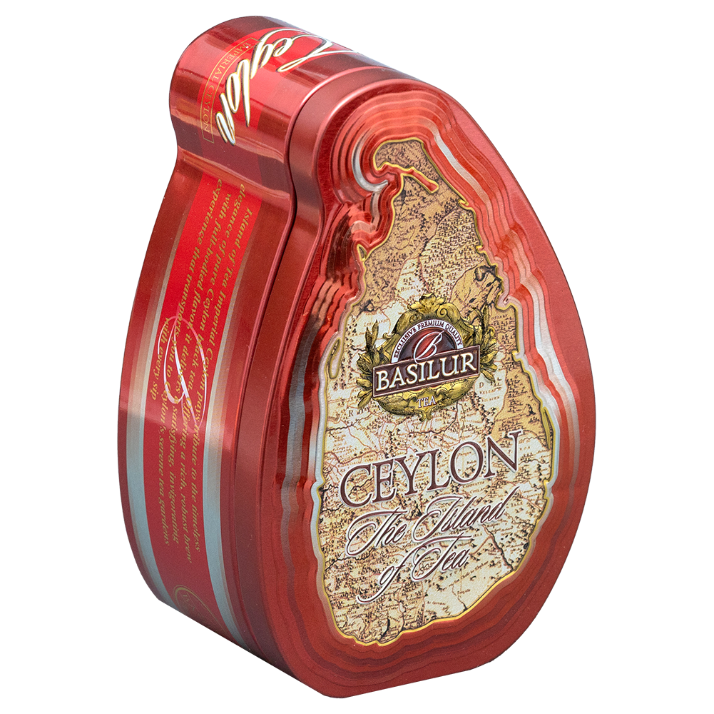 Metalowa puszka Basilur Imperial Ceylon z czarną herbatą cejlońską widoczna pod kątem