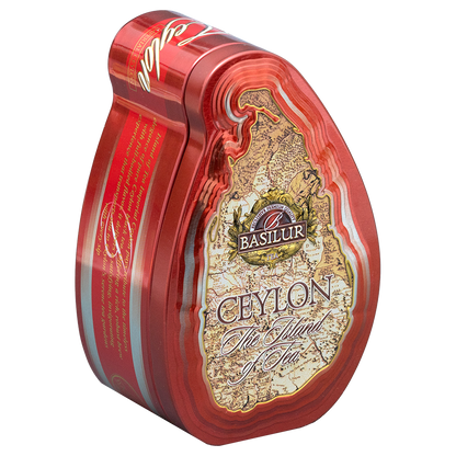 Metalowa puszka Basilur Imperial Ceylon z czarną herbatą cejlońską widoczna pod kątem