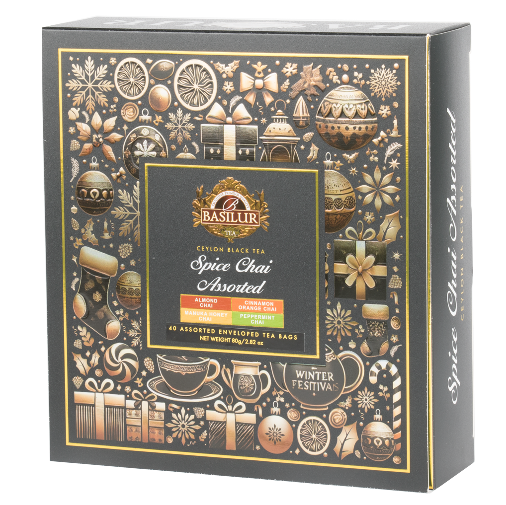 Zestaw herbat Basilur Spice Chai Assorted w eleganckim opakowaniu świątecznym.