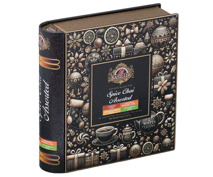 Elegancka puszka Basilur Spice Chai z czarno-złotym wzorem i logo Basilur.

