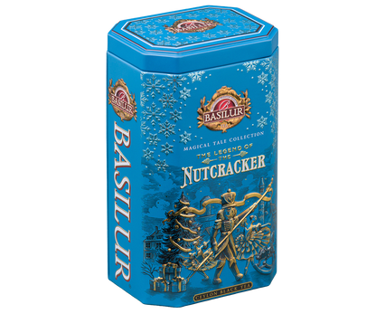 Bok puszki Basilur The Legend of the Nutcracker z opisem herbaty i zimowym wzorem płatków śniegu.