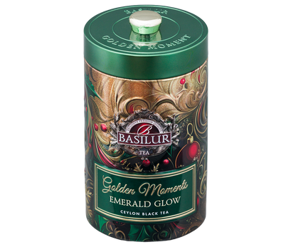 Puszka Basilur Golden Moments Emerald Glow z eleganckim zielonym wieczkiem.